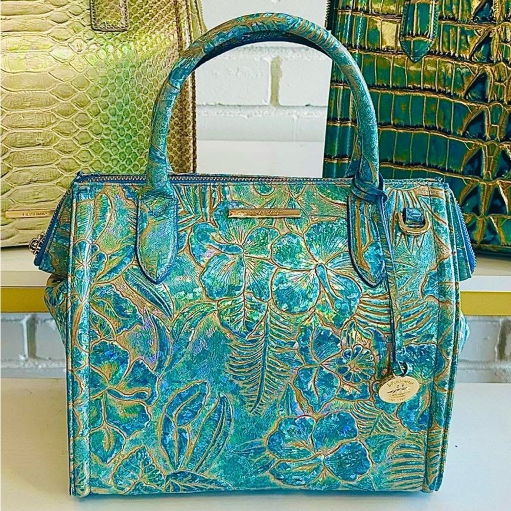 Brahmin Teal and Gold Floral Satchel